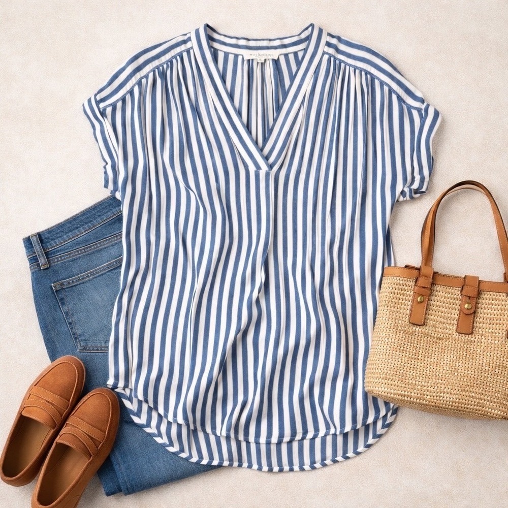 Coastal Striped Rayon Blouse Lightweight Flowy V-Neck Top Workshop Republic MED